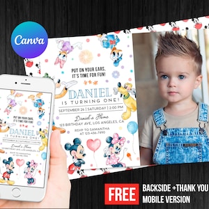 Mickey Mouse Clubhouse First Birthday Invitation Photo Picture Boy Party Thank You Card Mobile Phone Evite Editable Template Digital Printed