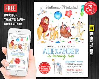 Lion King Second Birthday Invitation Boy Hakuna Matata Simba Pumbaa Timon Jungle Editable Template Instant Download Digital Printed Invite