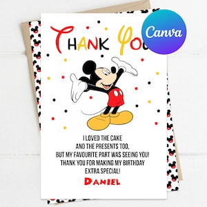Mickey Mouse gracias tarjeta primera fiesta de cumpleaños niño Mickey 1er cumpleaños fiesta decoración digital imprimible plantilla editable
