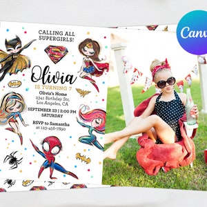 Superhero Girl Birthday Invitation Photo Picture Editable Template Instant Download Calling All Supergirls Theme Party Digital or Printed
