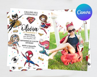 Invitación de cumpleaños de superhéroe para niña, foto, imagen editable, plantilla, descarga instantánea, llamando a todas las superchicas, fiesta temática, digital o impresa
