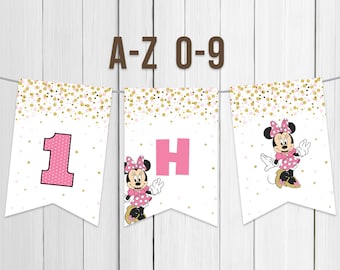 Printable Banner Letters A to Z Minnie Mouse First Birthday Girl Minnie 1st Birthday Party Decoration Gold and Pink Digital Instant Download