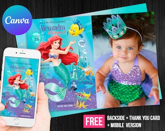 May include: A birthday invitation featuring a mermaid theme with the text "Alexandra is turning 3". The invitation includes a picture of a baby dressed as a mermaid, and a smartphone displaying the invitation. The invitation is in shades of blue, purple, and green.