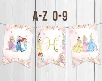 Printable Banner Letters A to Z First Birthday Princess Gold Royal Rose Decoration Girl Magical Celebration Party Digital Instant Download
