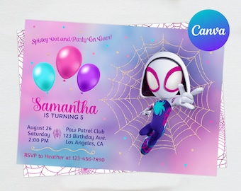 Spidey Friends Spider Gwen Birthday Invitation Girl Spiderman Party Editable Canva Template Instant Download Digital or Printed Invites