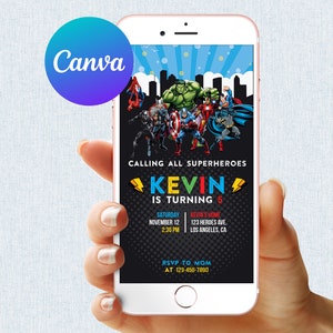 Puede incluir: Un teléfono inteligente muestra una invitación de cumpleaños con temática de superhéroes. La invitación presenta varios personajes de cómics, el texto "CALLING ALL SUPERHEROES" y detalles para la fiesta de cumpleaños número 5 de Kevin.