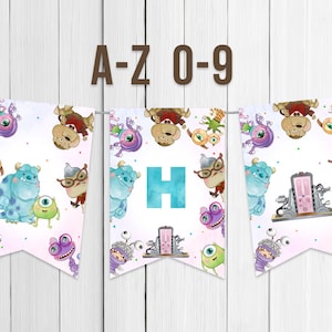 Printable Banner Letters A to Z Monsters University First Birthday Our Little Monster Is Turning One Sully Mike Boo Digital Instant Download