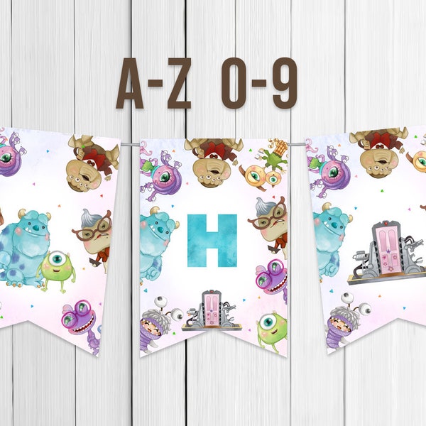 Printable Banner Letters A to Z Monsters University First Birthday Our Little Monster Is Turning One Sully Mike Boo Digital Instant Download