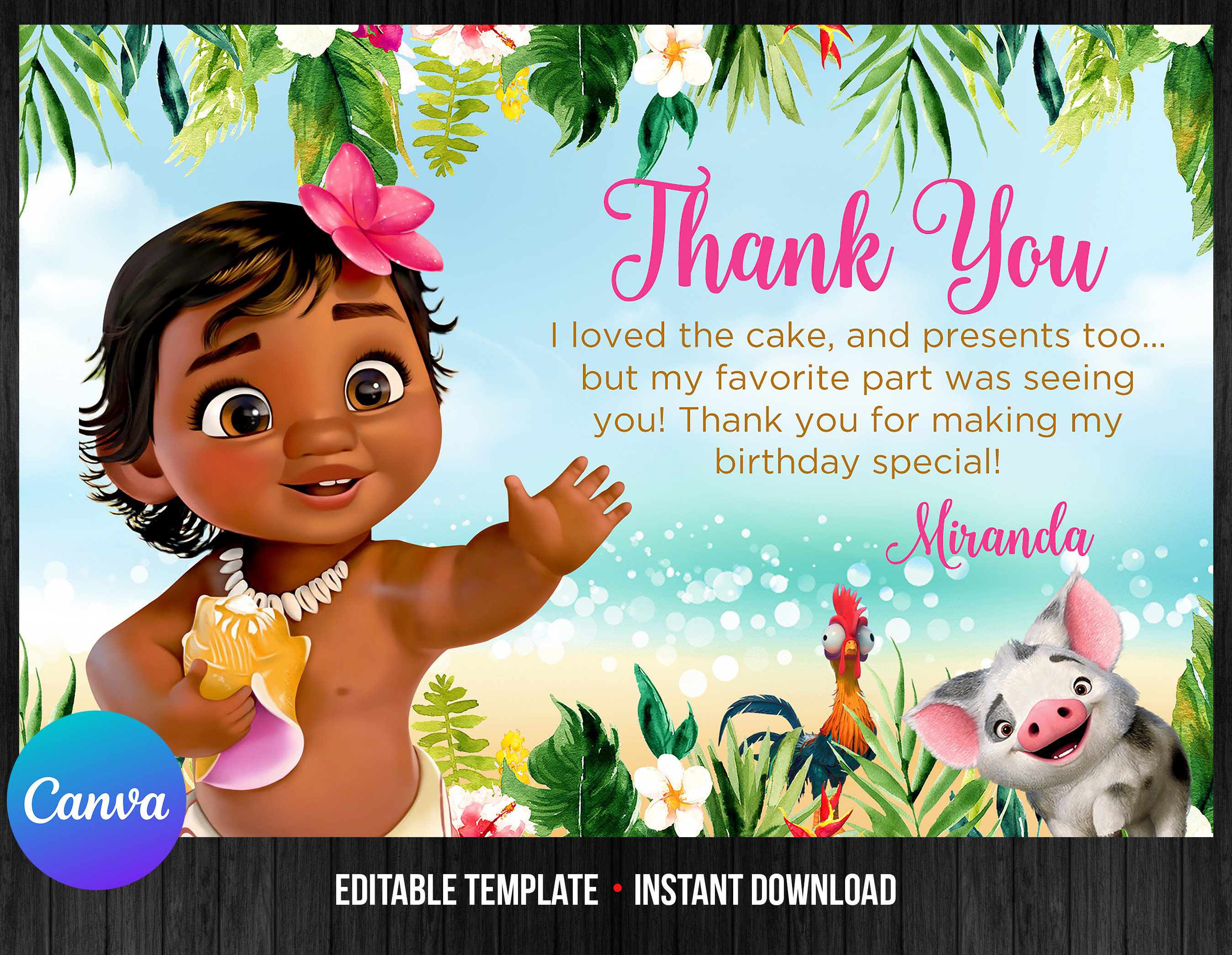 Baby Moana Thank You Card Princess Birthday Girl Printable Editable ...