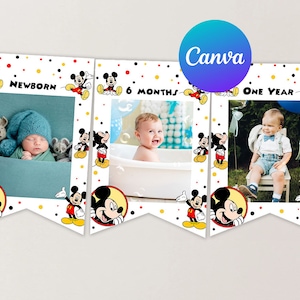 May include: A three-panel banner featuring Mickey Mouse frames for baby photos. Each white frame has a Mickey Mouse border and polka dots. The banner includes the text "NEWBORN", "6 MONTHS", and "ONE YEAR".