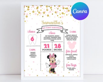 Minnie Mouse First Birthday Milestone Board Girl Minnie 1st Birthday Party Decoration Milestone Sign Digital Printable Editable Template