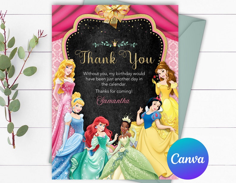Princess Message Princess Birthday Thank You Card Girl Printable Editable Template Canva ...