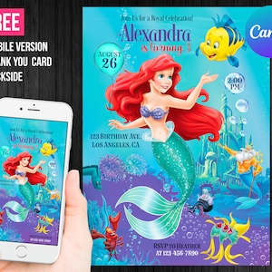 Modello modificabile della sirenetta Ariel Princess Birthday Invitation Girl Biglietto di ringraziamento Download immediato Mobile Inviti digitali o stampati