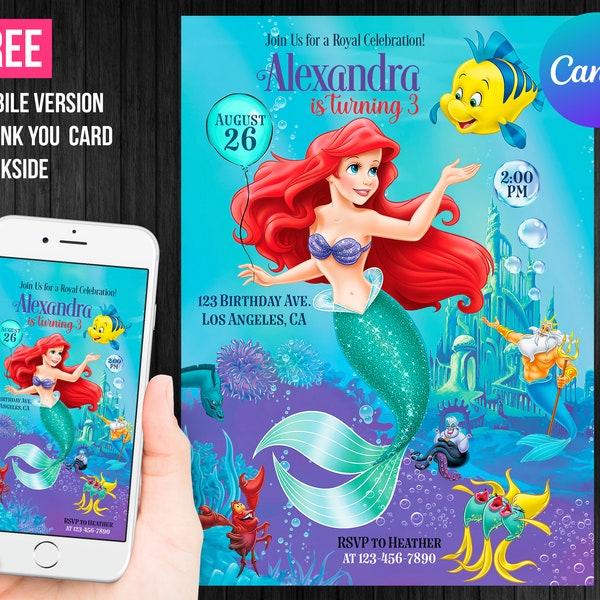 Little Mermaid Ariel Princess Birthday Invitation Girl Editable Template Thank You Card Instant Download Mobile Digital or Printed Invites