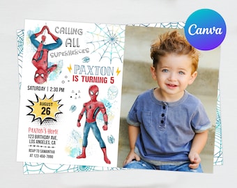 Invitación de cumpleaños de Spiderman para niño, plantilla editable, descarga instantánea, fiesta temática de superhéroes, invitaciones digitales o impresas