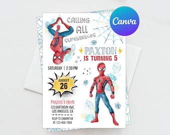 Invitación de cumpleaños de Spiderman para niño, plantilla editable, descarga instantánea, fiesta temática de superhéroes, invitaciones digitales o impresas