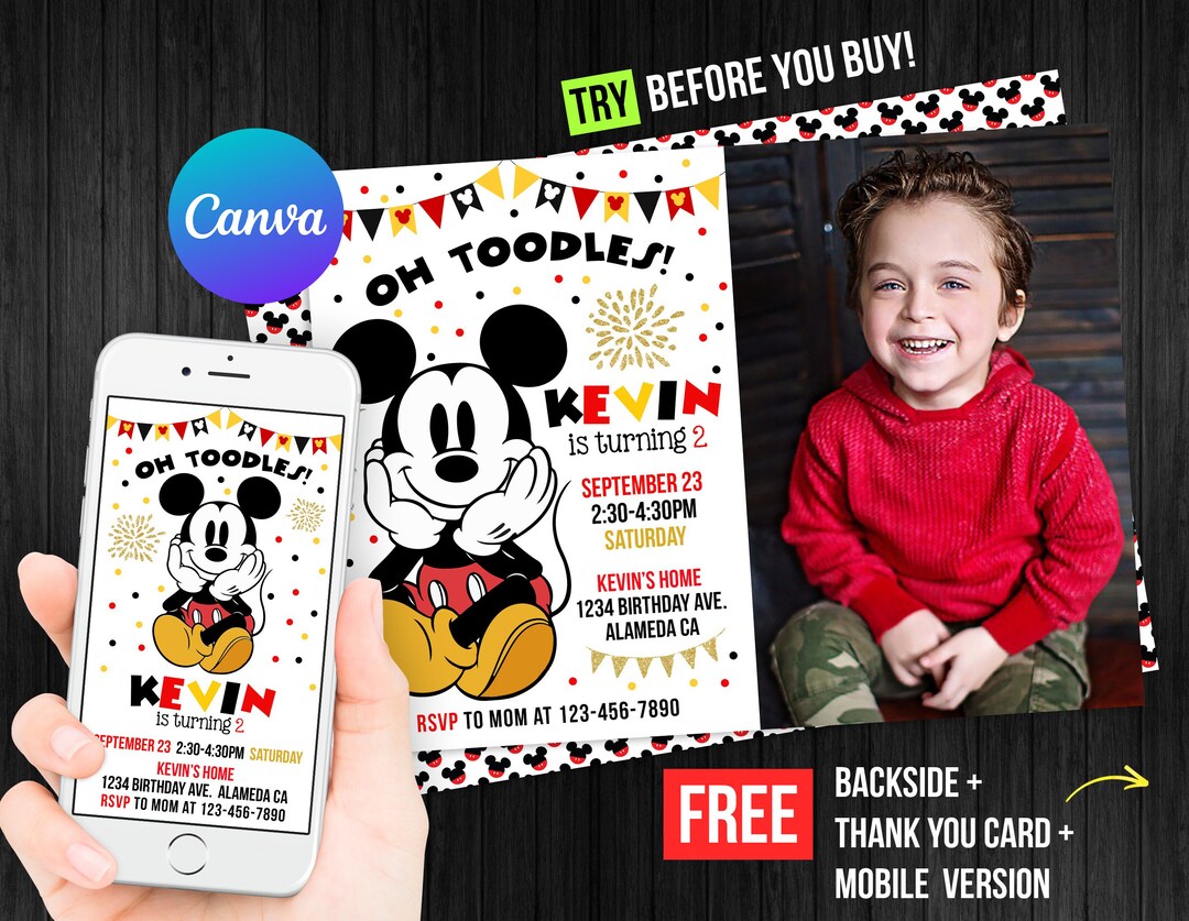 Oh Twodles Mickey Mouse Second Birthday Invitation Boy With Photo ...