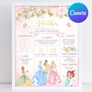 Première étape de la princesse premier anniversaire carte or Royal Rose Girl célébration magique fête jalon signe modèle numérique imprimable modifiable