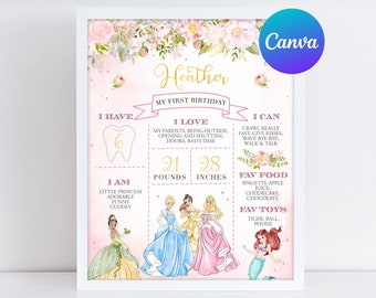 Princess First Birthday Milestone Board Gold Royal Rose Girl Magical Celebration Party Milestone Sign Digital Printable Editable Template
