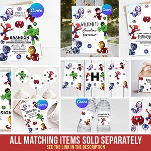 May include: A collection of superhero-themed party supplies, including invitations, a welcome sign, thank you cards, cupcake toppers, water bottle labels, and a banner. The designs feature Spider-Man, Hulk, Iron Man, and other characters. The text reads "Happy Birthday!" and "Welcome to Brandon's Birthday!"