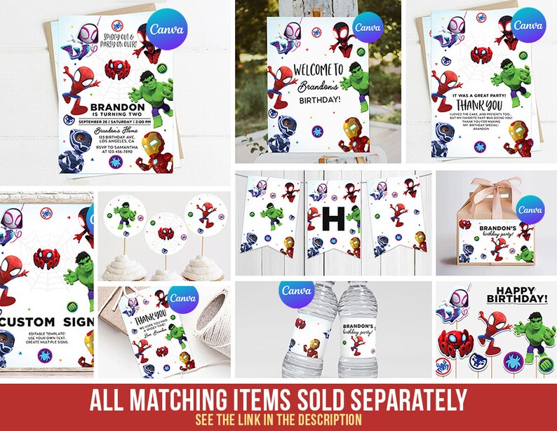 May include: A collection of superhero-themed party supplies, including invitations, a welcome sign, thank you cards, cupcake toppers, water bottle labels, and a banner. The designs feature Spider-Man, Hulk, Iron Man, and other characters. The text reads "Happy Birthday!" and "Welcome to Brandon's Birthday!"