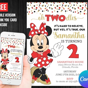 Oh Twodles Minnie Mouse Secondo Compleanno Invito Ragazza Elettronica o Stampata Biglietto di Ringraziamento Invito per Cellulare Modello Modificabile Canva