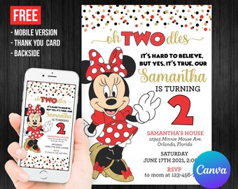 Oh Twodles Minnie Mouse Second Birthday Invitation Girl Electronic or Printed Thank You Card Mobile Phone Invite Editable Template Canva
