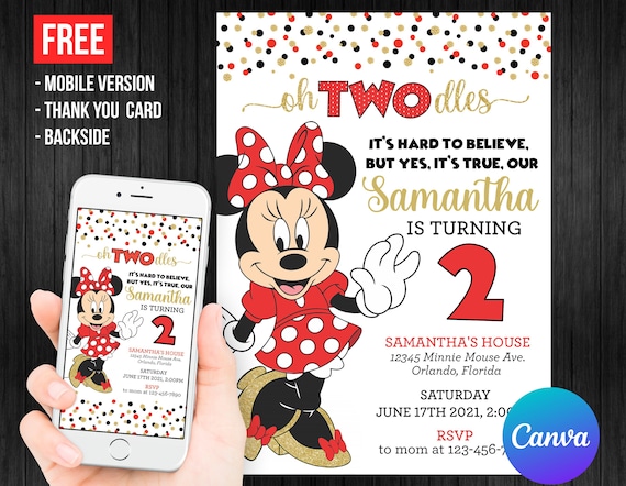 Oh Twodles Minnie Mouse Second Birthday Invitation Girl Electronic or Printed Thank You Card Mobile Phone Invite Editable Template Canva