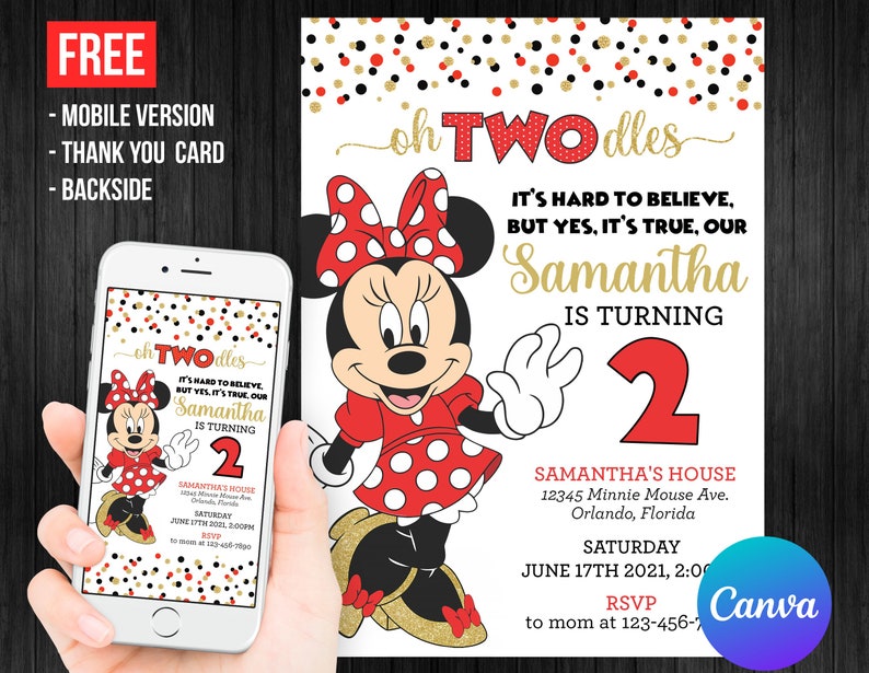 Puede incluir: Una invitaci&oacute;n de cumplea&ntilde;os con Minnie Mouse con un vestido y lazo de lunares rojos. La invitaci&oacute;n incluye el texto "oh TWO dles" y los detalles del segundo cumplea&ntilde;os de Samantha.