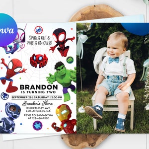 May include: A birthday invitation featuring various Spider-Man characters and a photo of a child. The invitation includes the text "BRANDON IS TURNING TWO" and event details. The Canva logo is visible in the upper left corner.