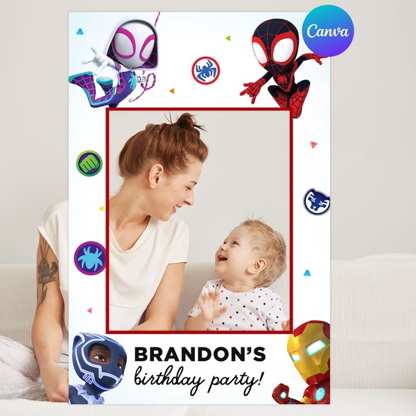 Spidey and His Amazing Friends Birthday Photo Booth Decor Boy Superhero Party Photo Frame Decoration Digital Editable Template Printable