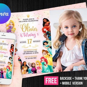 May include: A birthday party invitation featuring a photo of a young girl, with a matching mobile version. The invitation is pink and gold, with princess illustrations and the text "Olivia is turning 5" and event details.