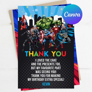 Cartão de agradecimento de super-herói, menino, vingadores, decoração de festa, modelo editável para impressão, etiqueta de presente impressa digital