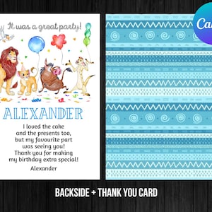 Lion King Thank You Card First Birthday Boy Hakuna Matata Simba Pumbaa Timone Nala Instant Download Digital Printable Editable Template