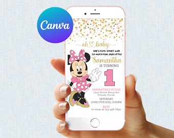 Può includere: Uno smartphone mostra un invito personalizzato per una festa di primo compleanno. Il design presenta Minnie Mouse con un vestito e un fiocco a pois rosa. Sono visibili anche coriandoli dorati e il testo "Oh baby" e "Samantha compie 1 anno".