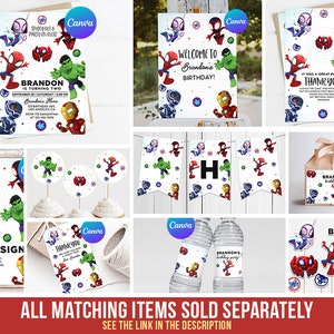 Może przedstawiać: Zestaw artykuł&oacute;w na przyjęcie o tematyce superbohater&oacute;w, w tym zaproszenia, znak powitalny, kartki z podziękowaniami, dekoracje na babeczki, etykiety na butelki z wodą i baner. Projekty przedstawiają Spider-Mana, Hulka, Iron Mana itp. Tekst brzmi "Happy Birthday!" i "Welcome to Brandon's Birthday!"