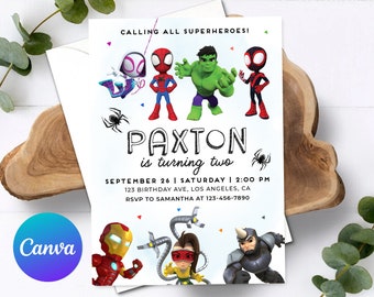Invitación de cumpleaños de Spidey y sus increíbles amigos: fiesta de Spiderman para niño, plantilla editable de Canva, descarga instantánea, invitaciones digitales o impresas.
