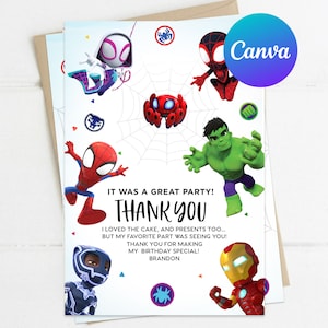 Cartão de agradecimento do Aranha e seus amigos incríveis, festa de aniversário, decoração de super-heróis, modelo editável para impressão, etiqueta de presente impressa digital