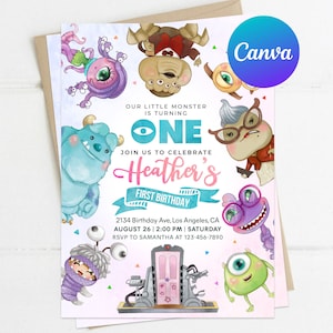 May include: A vibrant birthday invitation with cartoon monsters. The invitation text reads "Our Little Monster is Turning One" and includes the name "Heather's" and party details. The Canva logo is in the upper right corner of the invitation.