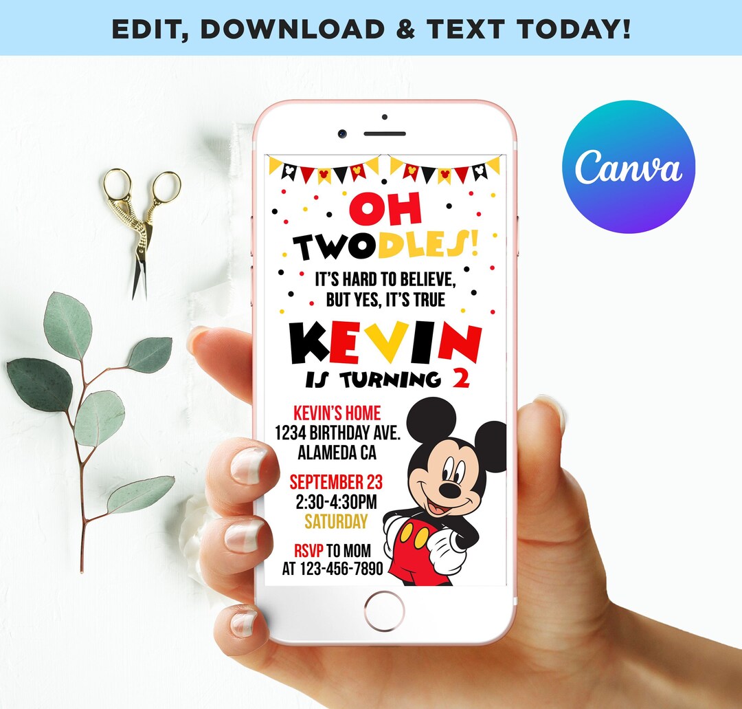 Oh Twodles Mickey Mouse Birthday Invitation Boy Mobile Phone Text Party ...