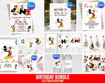 Mickey Mouse First Birthday Party Decorations Bundle Boy Mickey 1st Birthday Invitation Digital Editable Banner Template Printable Thank You