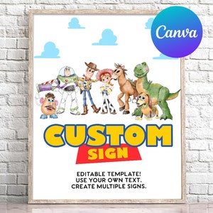 May include: A framed print featuring characters from a popular animated film. The image includes a group of cartoon characters, blue clouds, and the words "CUSTOM SIGN" in yellow and blue. The text "EDITABLE TEMPLATE! USE YOUR OWN TEXT. CREATE MULTIPLE SIGNS." is also present.