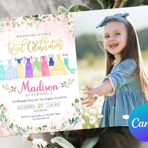 Princess Birthday Invitation Card Photo Picture Pink and Gold Royal Rose Girl Magical Celebration Invite Editable Template Digital Printable