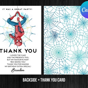 Spiderman-bedankkaart jarige superheld feest afdrukbare bewerkbare sjabloon Canva digitaal of gedrukt cadeaukaartje
