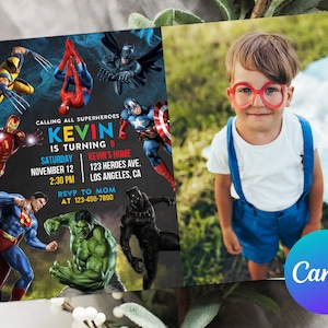 May include: A birthday party invitation featuring superhero illustrations of Wolverine, Spider-Man, Batman, Captain America, Iron Man, Superman, Hulk, and Black Panther. The invitation reads "KEVIN IS TURNING 5" with party details and a photo of a child.