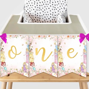 Printable High Chair ONE Birthday Banner Princess First Birthday Decorations Gold Royal Rose Girl Magical Celebration Party Decor Digital