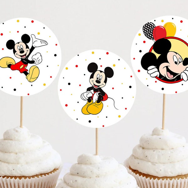 Mickey Mouse First Birthday Cupcake Toppers Decoration Boy Mickey 1st Birthday Party Decor Printable Digital