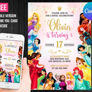 Princess Birthday Girl Invitation Editable Template Custom Printable Instant Download Digital or Printed Cinderella, Ariel, Belle
