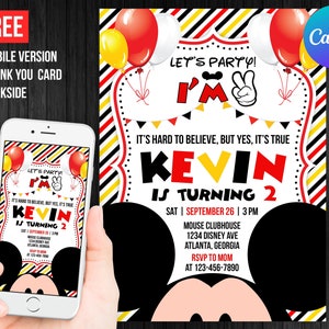 Oh Twodles Mickey Second Birthday Boy Party Invitation Instant Download Thank You Card Editable Template Printable Digital or Printed