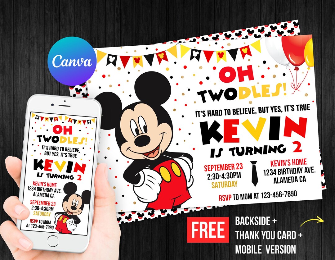 Oh Twodles Mickey Mouse Second Birthday Invitation Boy Electronic Thank ...